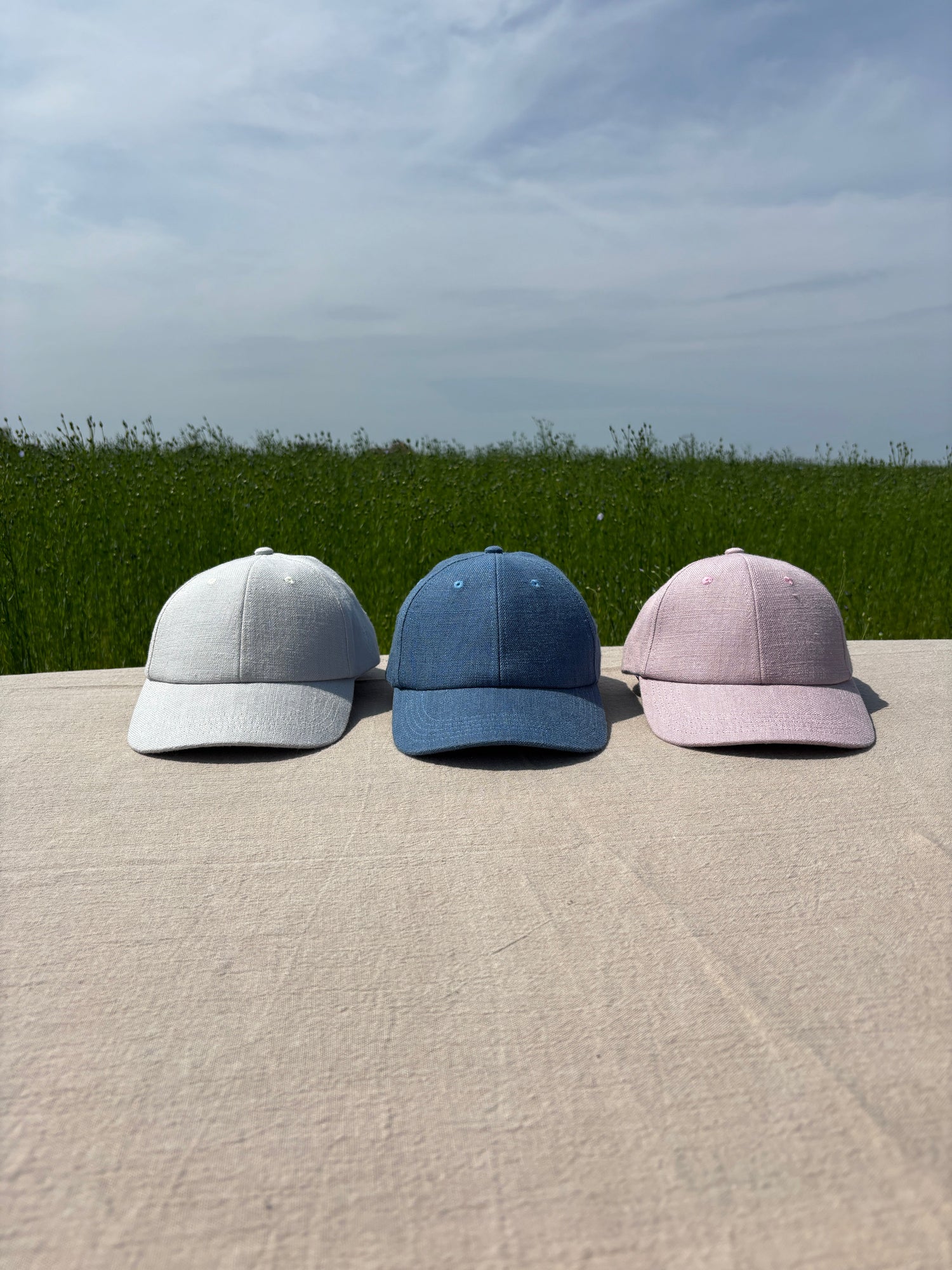 photo de trois casquettes en lin dans un champs de lin en Normandie pendant le rouissage