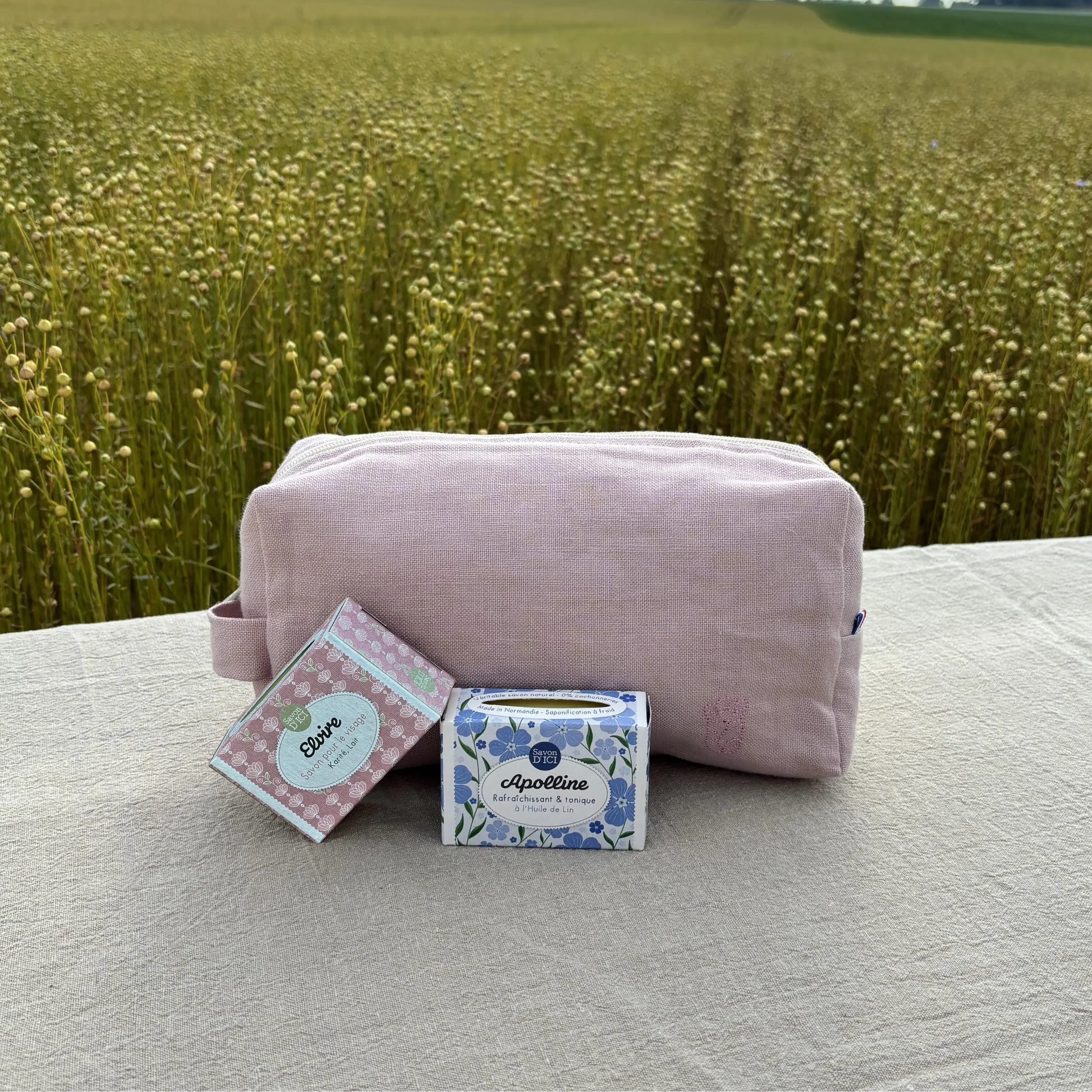 Duo Lin Normand : Trousse Rose & Savons-Lin de France